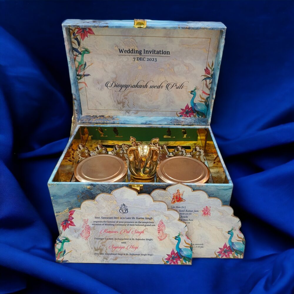 KL9118 Luxury MDF Gift Box with 2 Designer Card Inserts and Ganpati Murti (2 Jars) - Kalash Cards