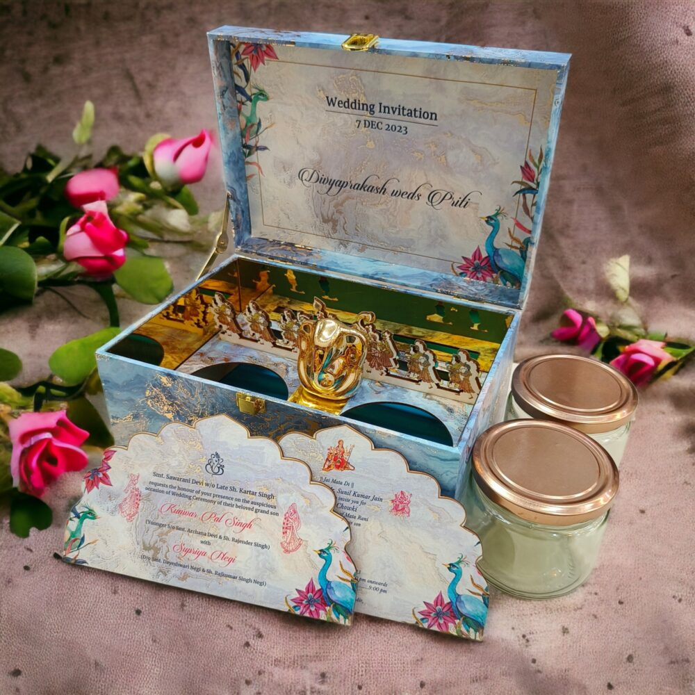 KL9118 Luxury MDF Gift Box with 2 Designer Card Inserts and Ganpati Murti (2 Jars) - Kalash Cards