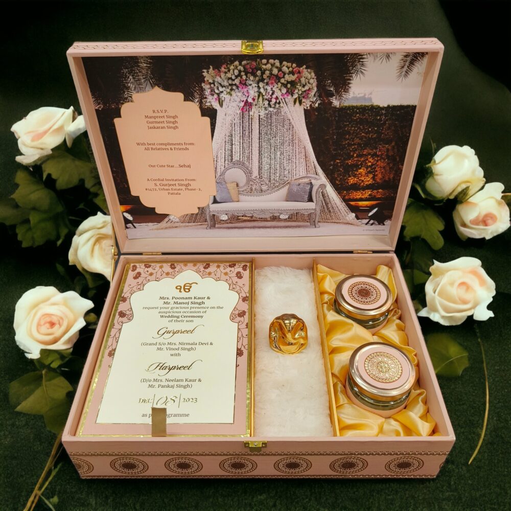 KL9119 Luxury MDF Wedding Gift Box with 2 Printed Card Inserts & Ganpati Murti (2 Jars) - Kalash Cards