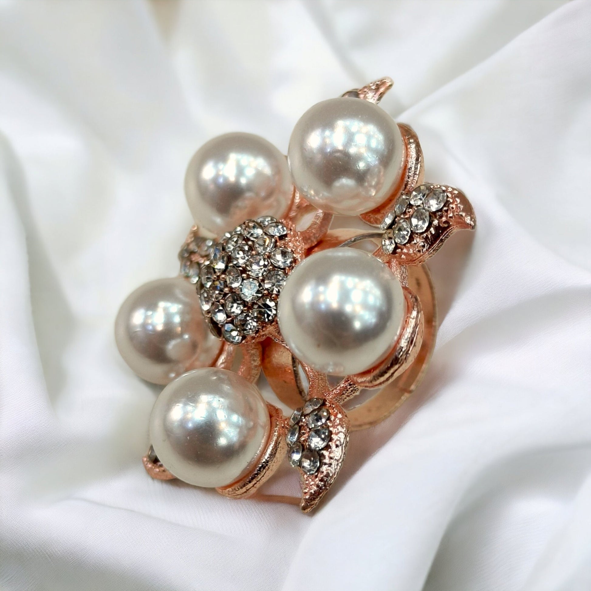 Elegant Pearl & Sparkling Stone Rose Gold Free Size Ring-Kalash Cards