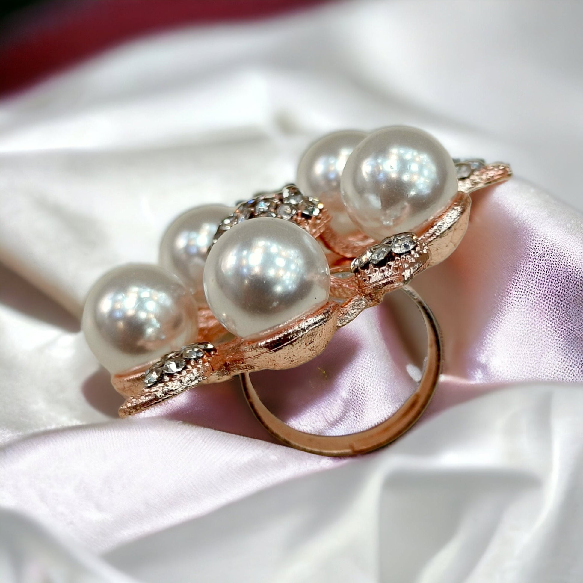 Elegant Pearl & Sparkling Stone Rose Gold Free Size Ring-Kalash Cards