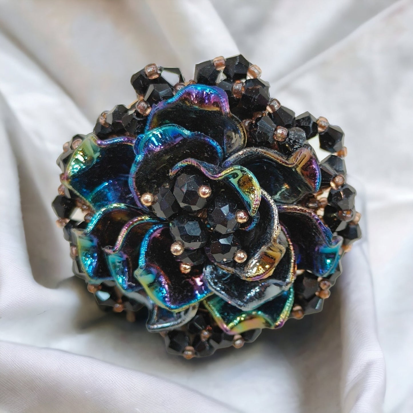 Black Colour Korean Flower Design 3D Crystal Ring Free Size-Kalash Cards