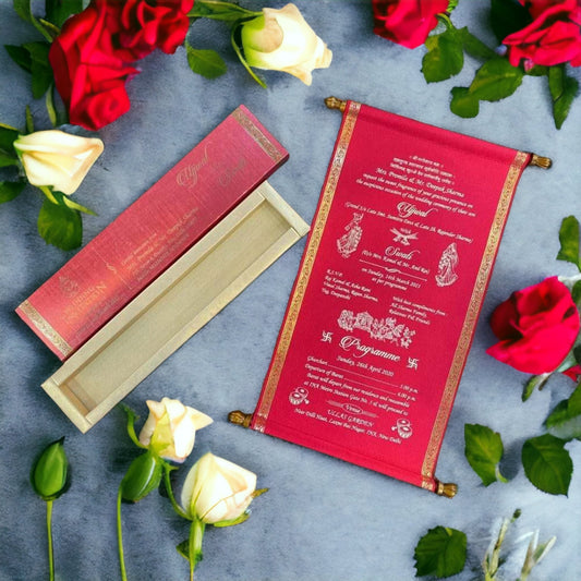 KL10 Satin Fabric Scroll Wedding Card - Kalash Cards