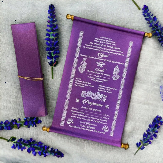 KL14 Satin Fabric Scroll Wedding Card - Kalash Cards