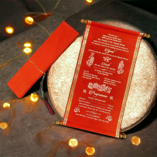 KL15 Satin Fabric Scroll Wedding Card - Kalash Cards
