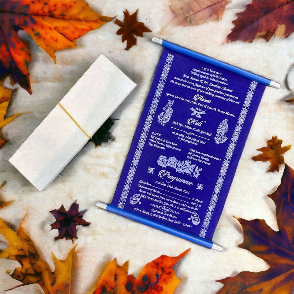 KL16 Velvet Fabric Scroll Wedding Card - Kalash Cards