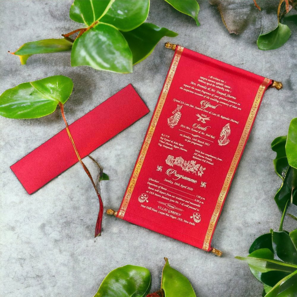 KL17 Satin Fabric Scroll Wedding Card - Kalash Cards