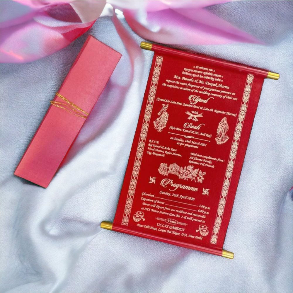 KL19 Velvet Fabric Scroll Wedding Card - Kalash Cards
