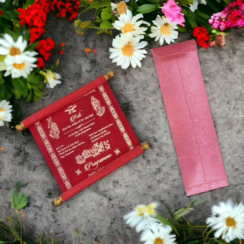 KL20 Velvet Fabric Scroll Wedding Card - Kalash Cards