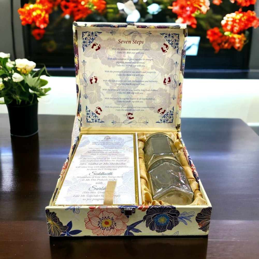 KL2061S1B Floral Design MDF Dry Fruit Gift Box with 2 Card Inserts (2 Jars) - Kalash Cards
