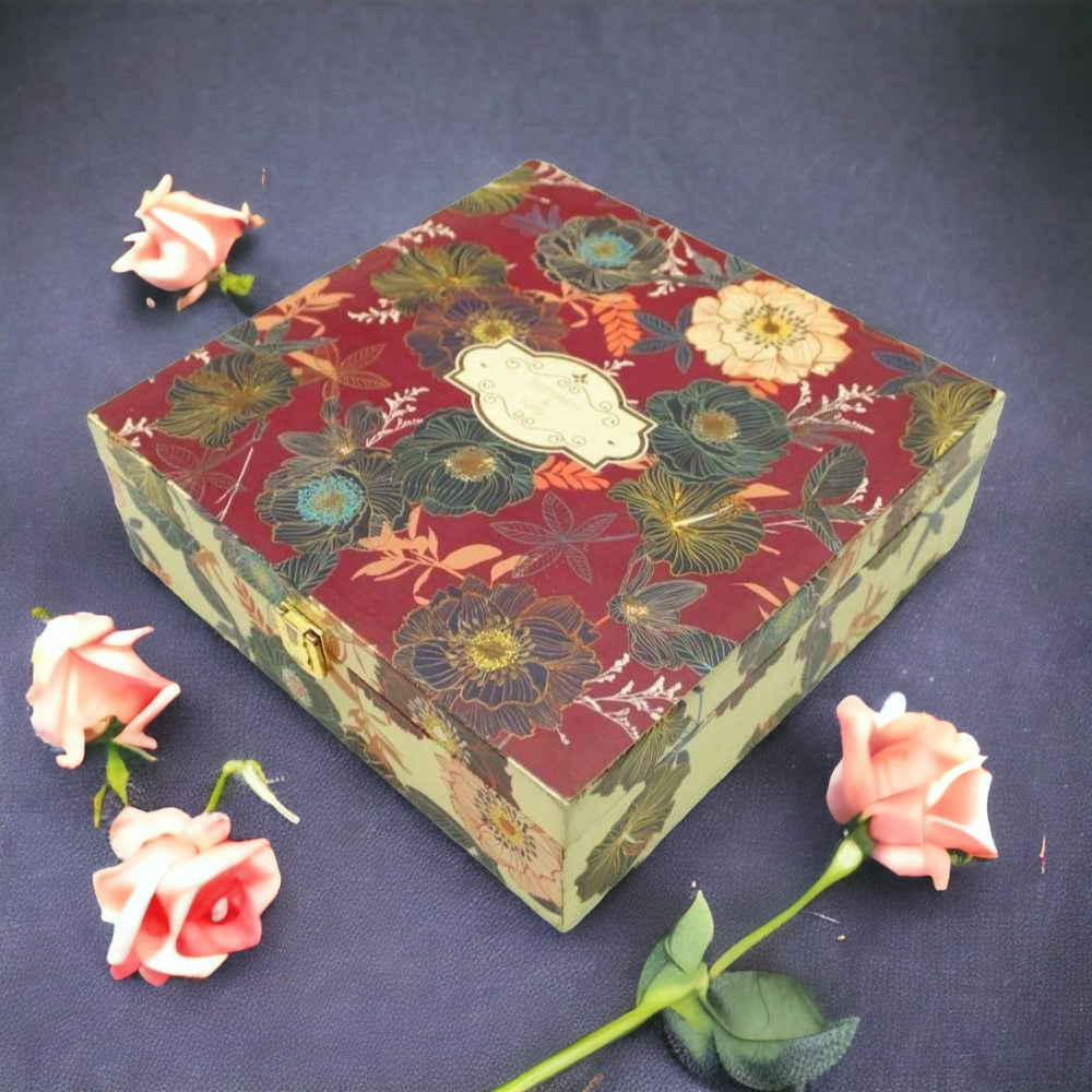 KL2061S2B Gold Foil Floral Print MDF Dry Fruit Gift Box with 2 Card Inserts (2 Jars) - Kalash Cards