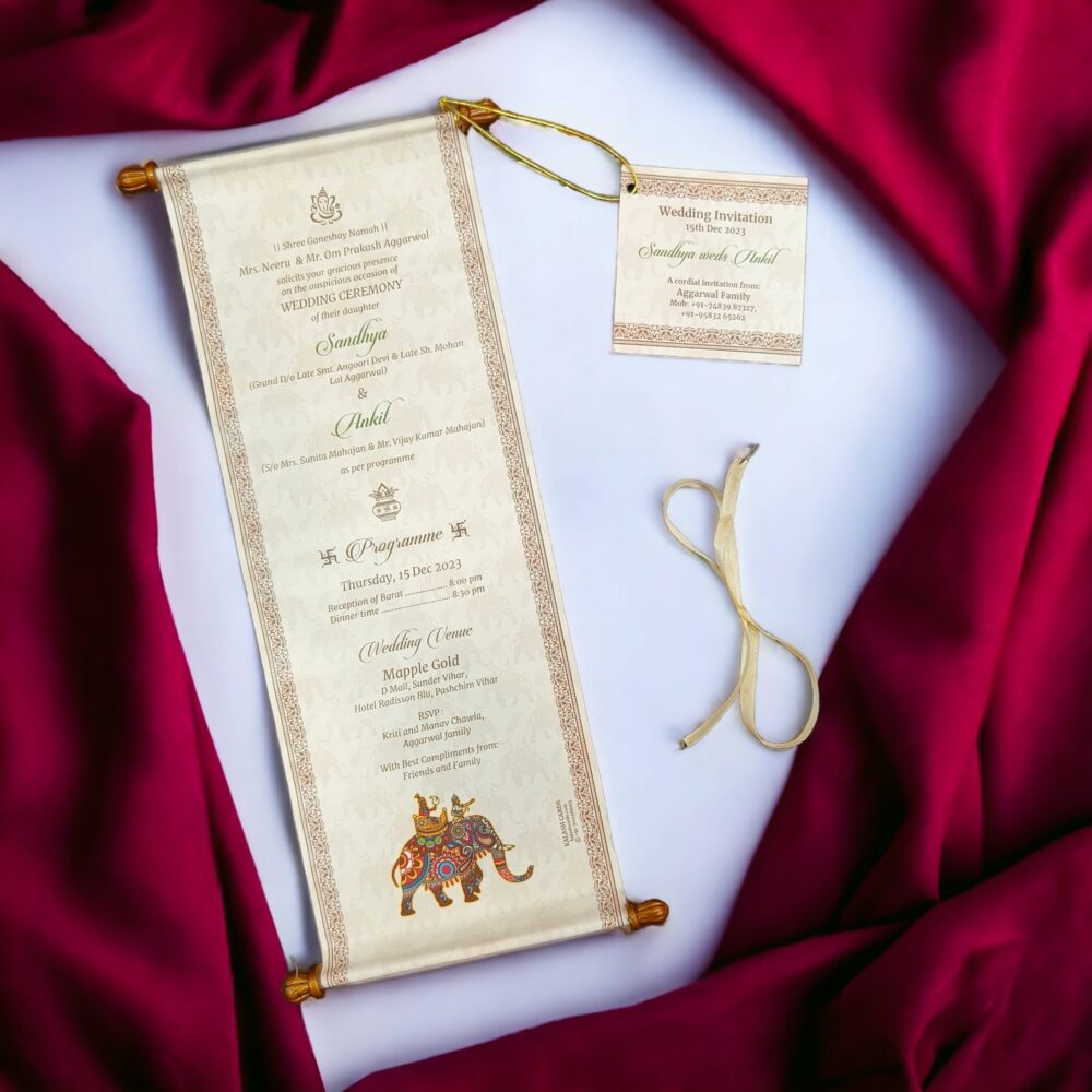 KL2063 Paper Scroll Wedding Card with Tag - Kalash Cards