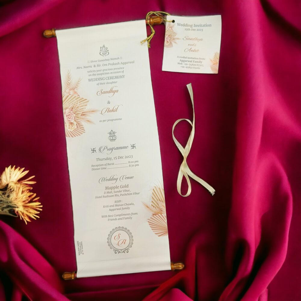 KL2090 Paper Scroll Wedding Card with Tag - Kalash Cards