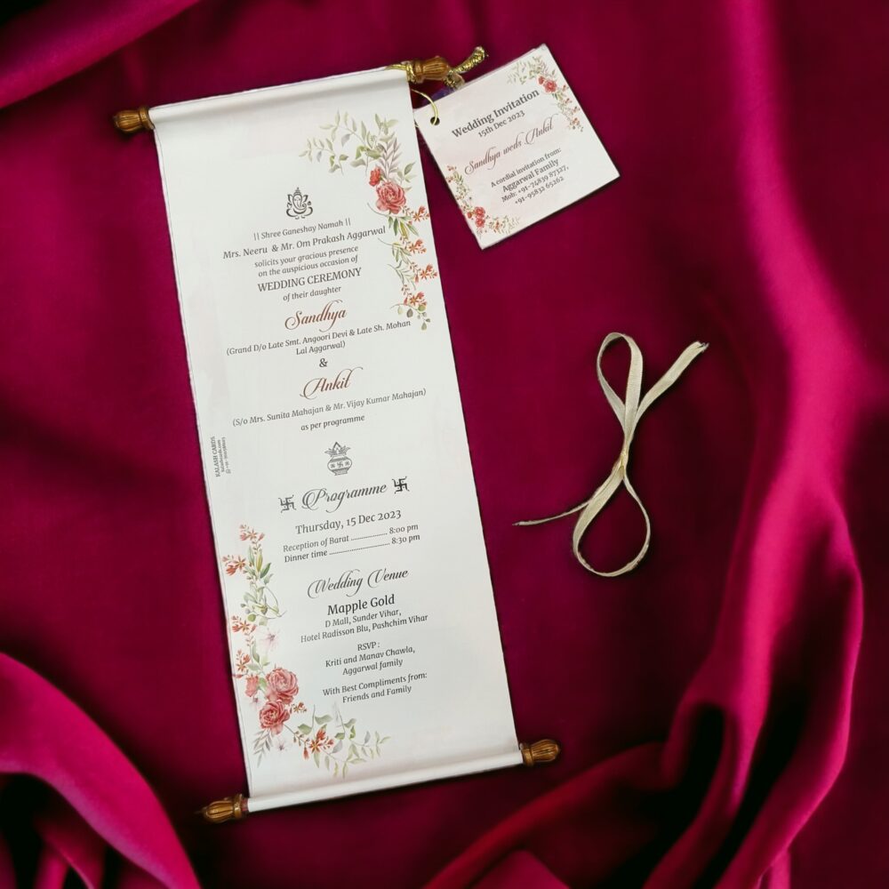 KL2101 Paper Scroll Wedding Card with Tag - Kalash Cards