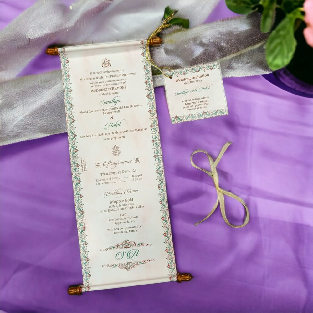 KL2102 Paper Scroll Wedding Card with Tag - Kalash Cards