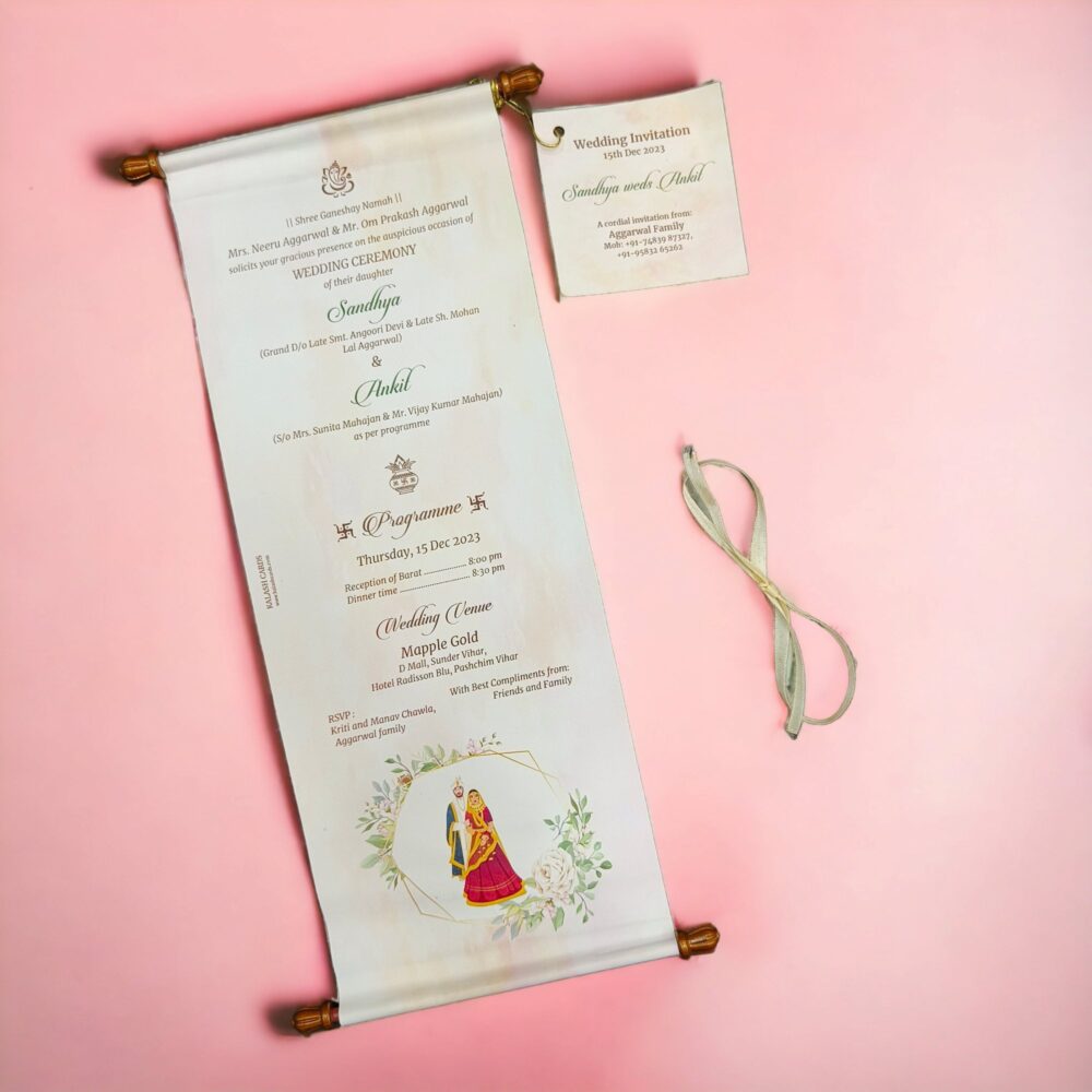 KL2103 Paper Scroll Wedding Card with Tag - Kalash Cards