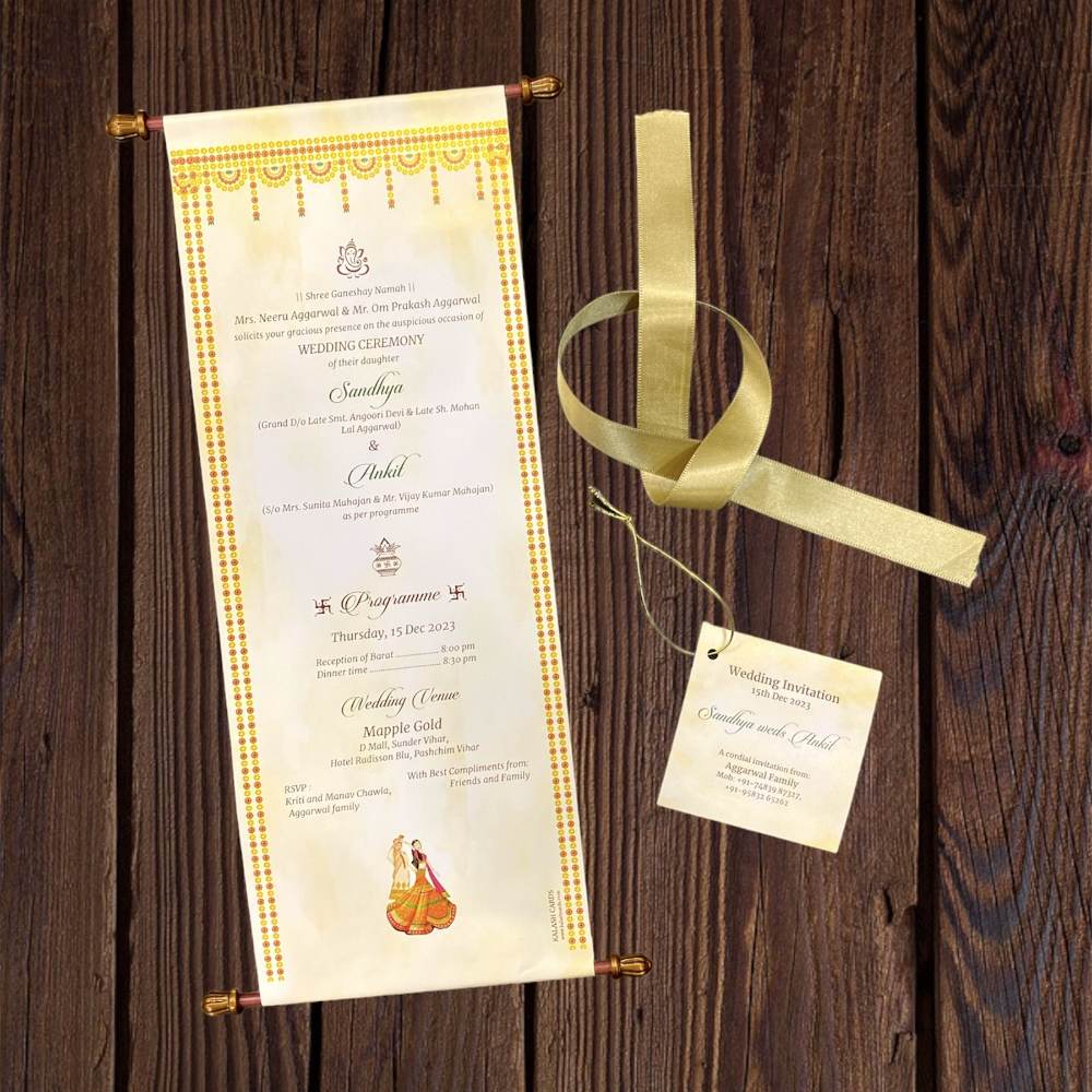 KL2105 Paper Scroll Wedding Card with Tag - Kalash Cards