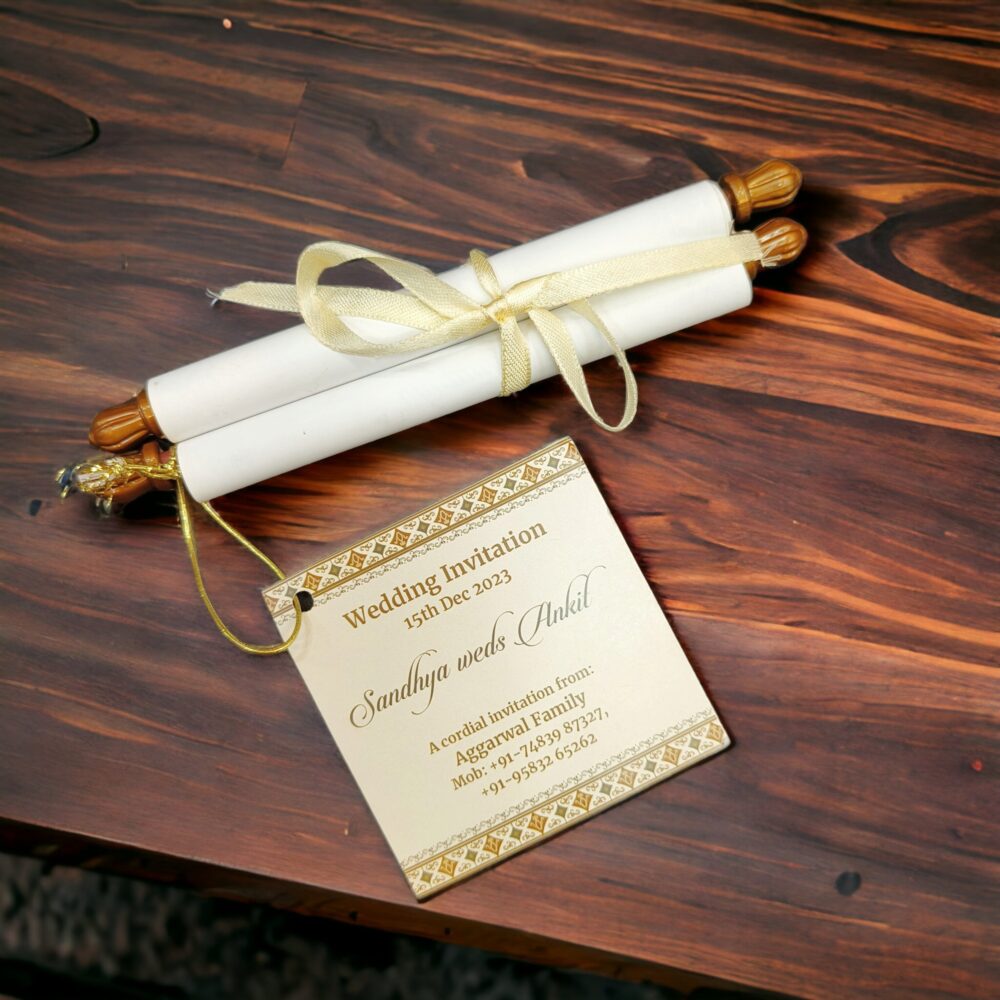 KL2118 Paper Scroll Wedding Card with Tag - Kalash Cards