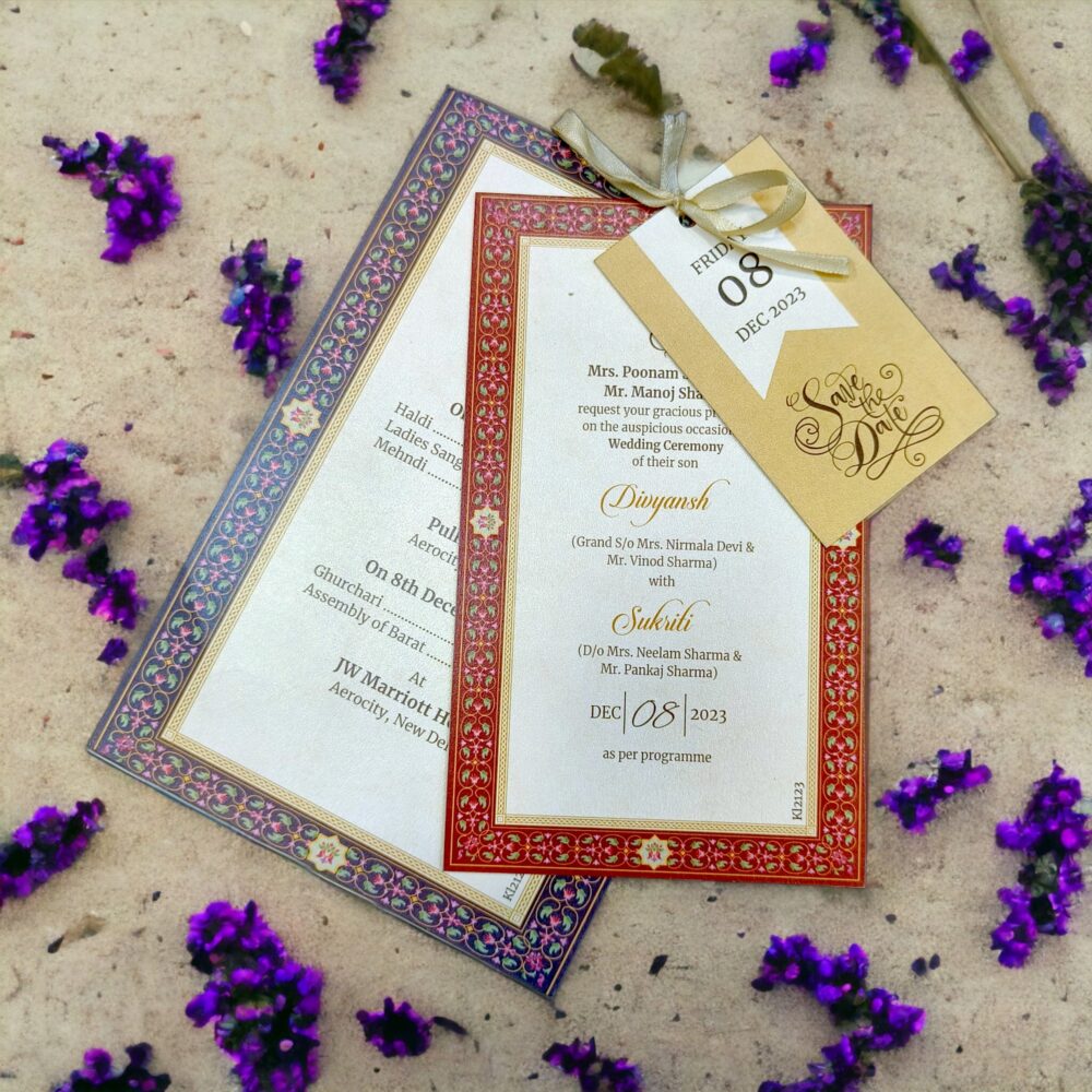 KL2123R Luxury Paper Wedding Card with Tag & Ribbon - Kalash Cards