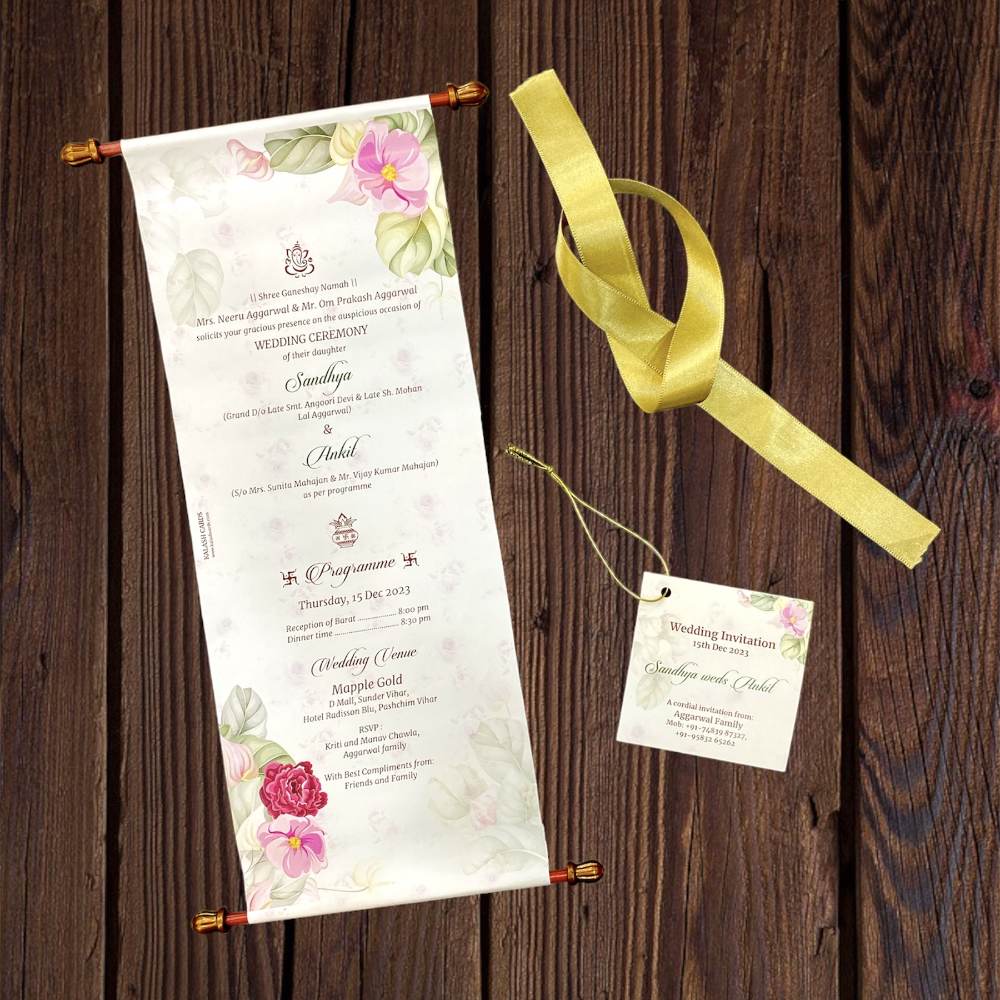 KL2128 Paper Scroll Wedding Card with Tag - Kalash Cards