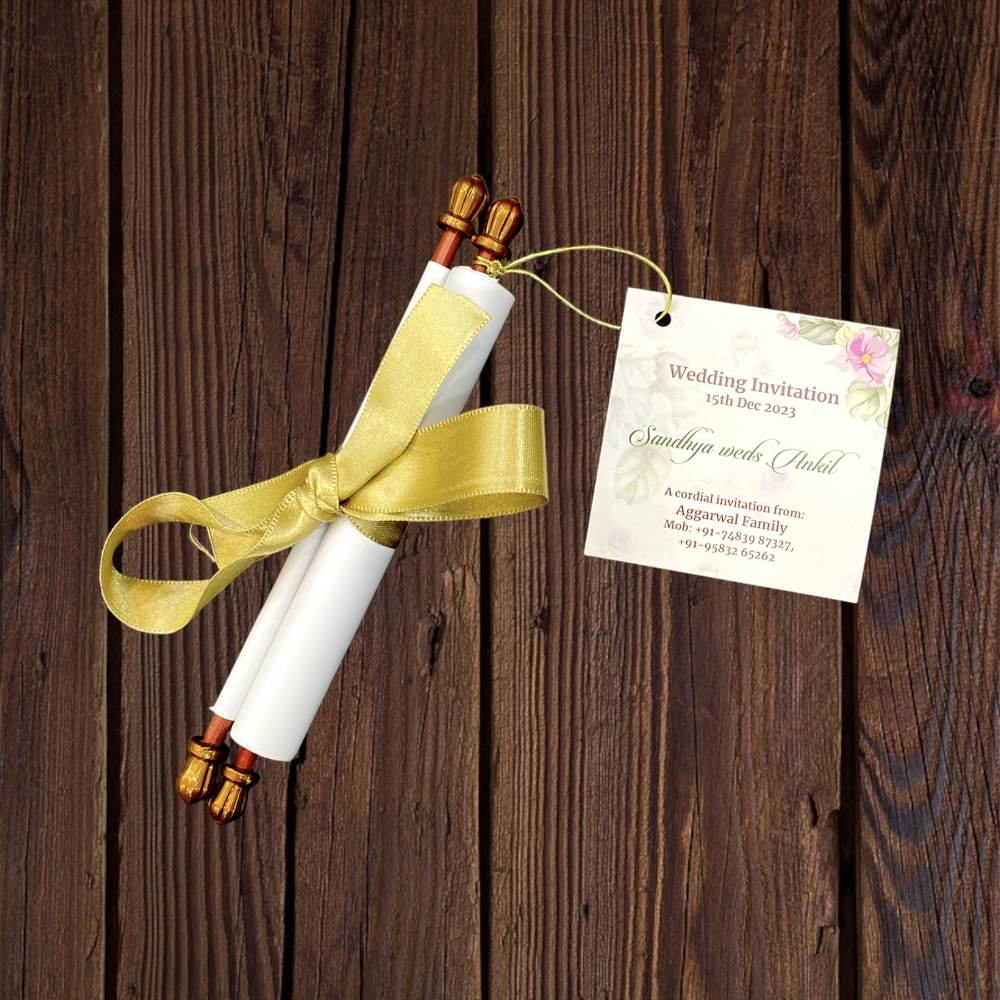 KL2128 Paper Scroll Wedding Card with Tag - Kalash Cards