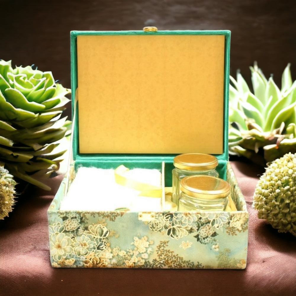 KL9018B Sea Green Velvet Fabric MDF Dry Fruit Box with Jars - Kalash Cards