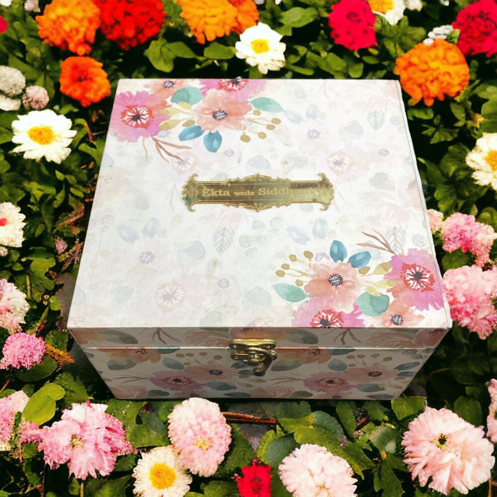KL9092B Elegant Floral Design MDF Dry Fruit Box with 2 Card Inserts (4 Jars) - Kalash Cards