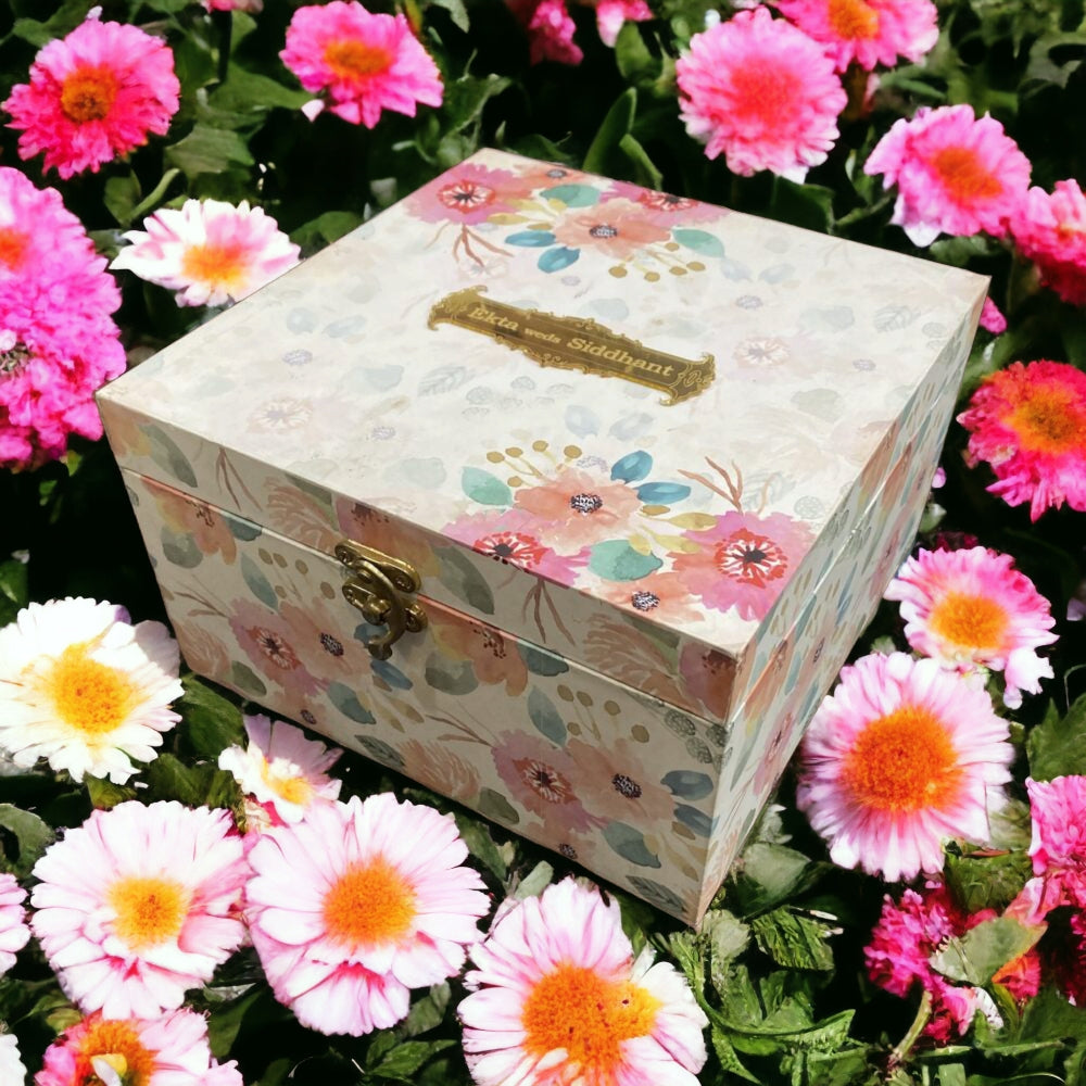 KL9092B Elegant Floral Design MDF Dry Fruit Box with 2 Card Inserts (4 Jars) - Kalash Cards