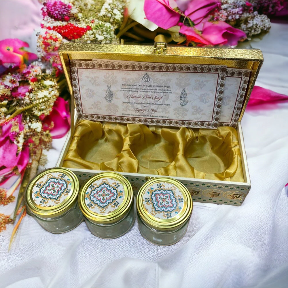 KL9096 MDF Dry Fruit Wedding Gift Box with 2 Card Inserts (3 Jars) - Kalash Cards