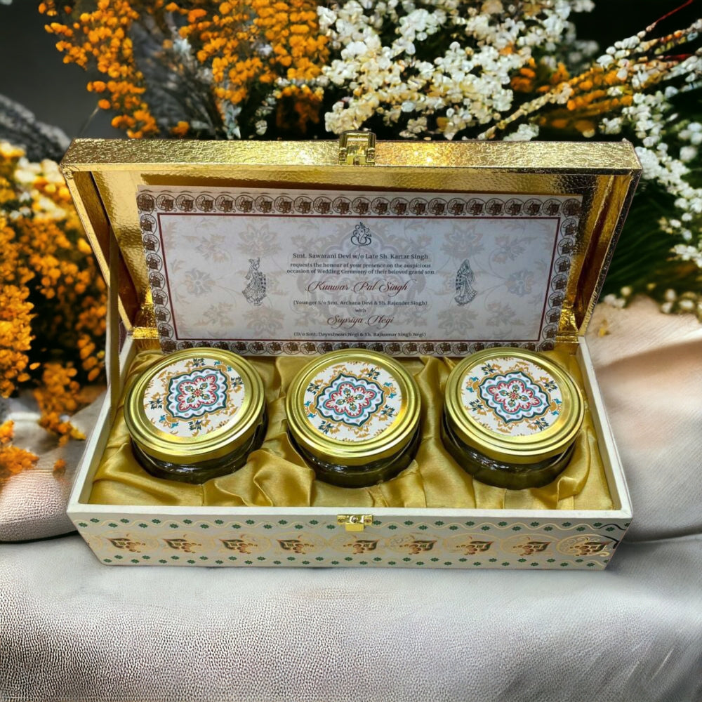 kl9096 mdf dry fruit wedding gift box with 2 card inserts 3 jars 3