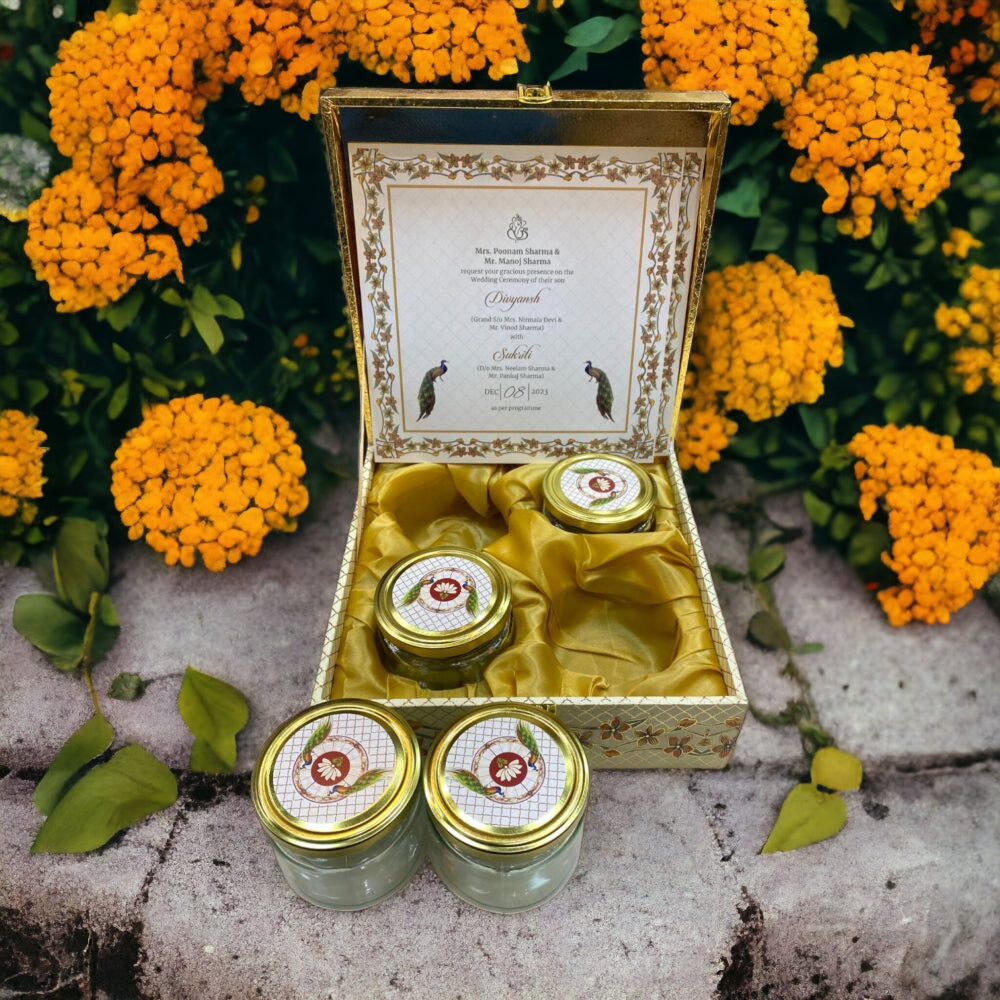 KL9097 MDF Dry Fruit Wedding Gift Box with 2 Card Inserts (4 Jars) - Kalash Cards