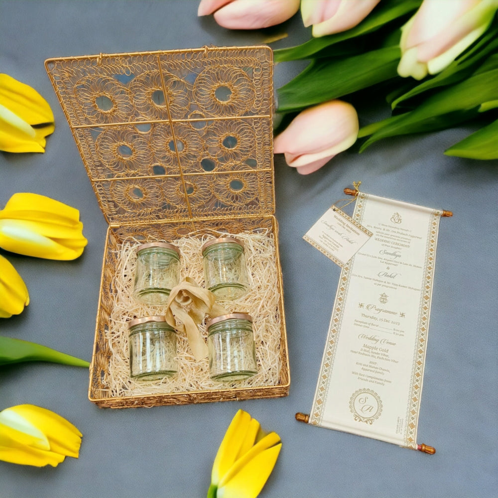 KL9098 Metal Dry Fruit Wedding Gift Box with Scroll Card (4 Jars) - Kalash Cards