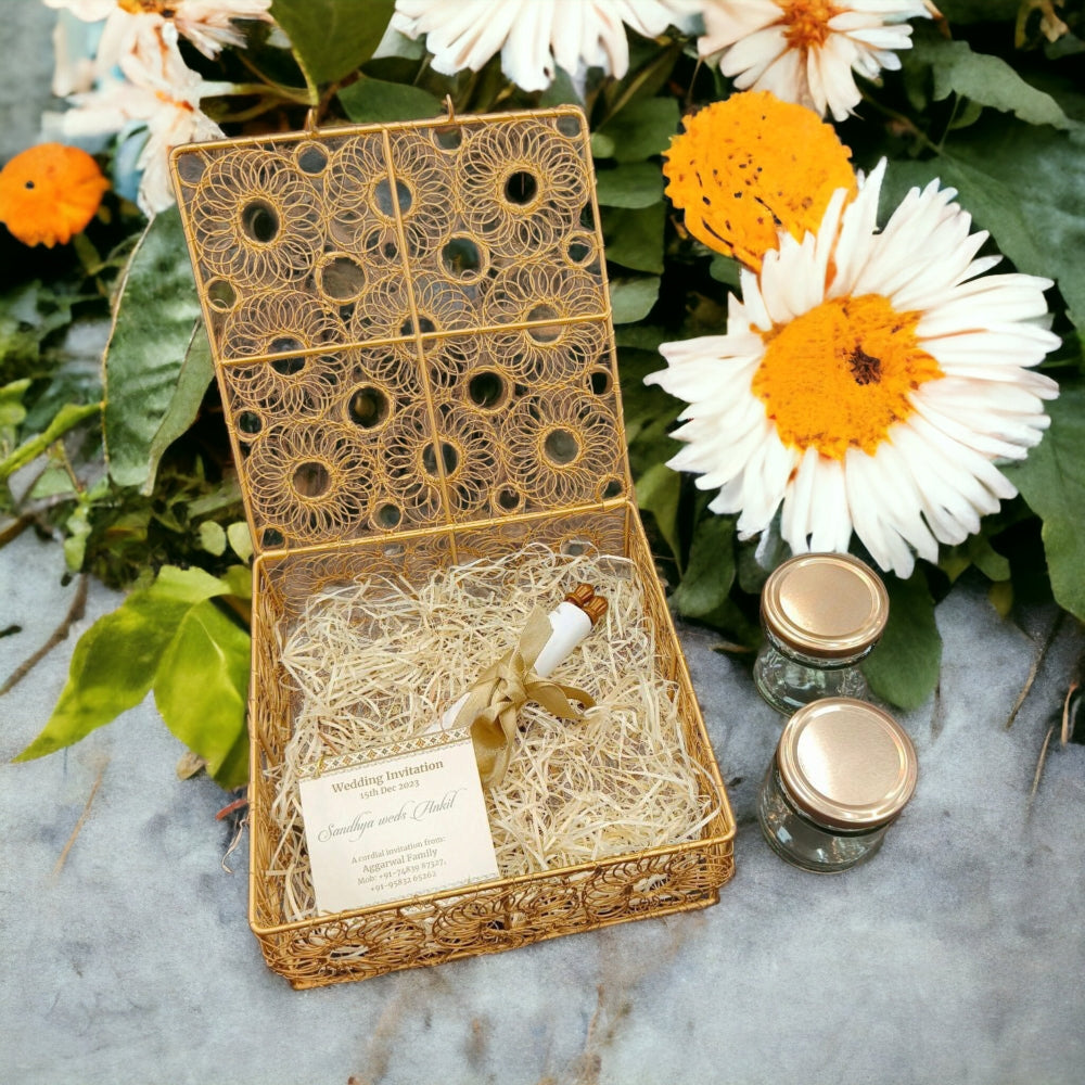 KL9101 Metal Dry Fruit Wedding Gift Box with Scroll Card (2 Jars) - Kalash Cards