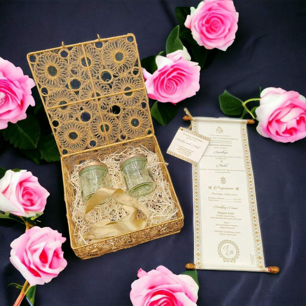 KL9101 Metal Dry Fruit Wedding Gift Box with Scroll Card (2 Jars) - Kalash Cards
