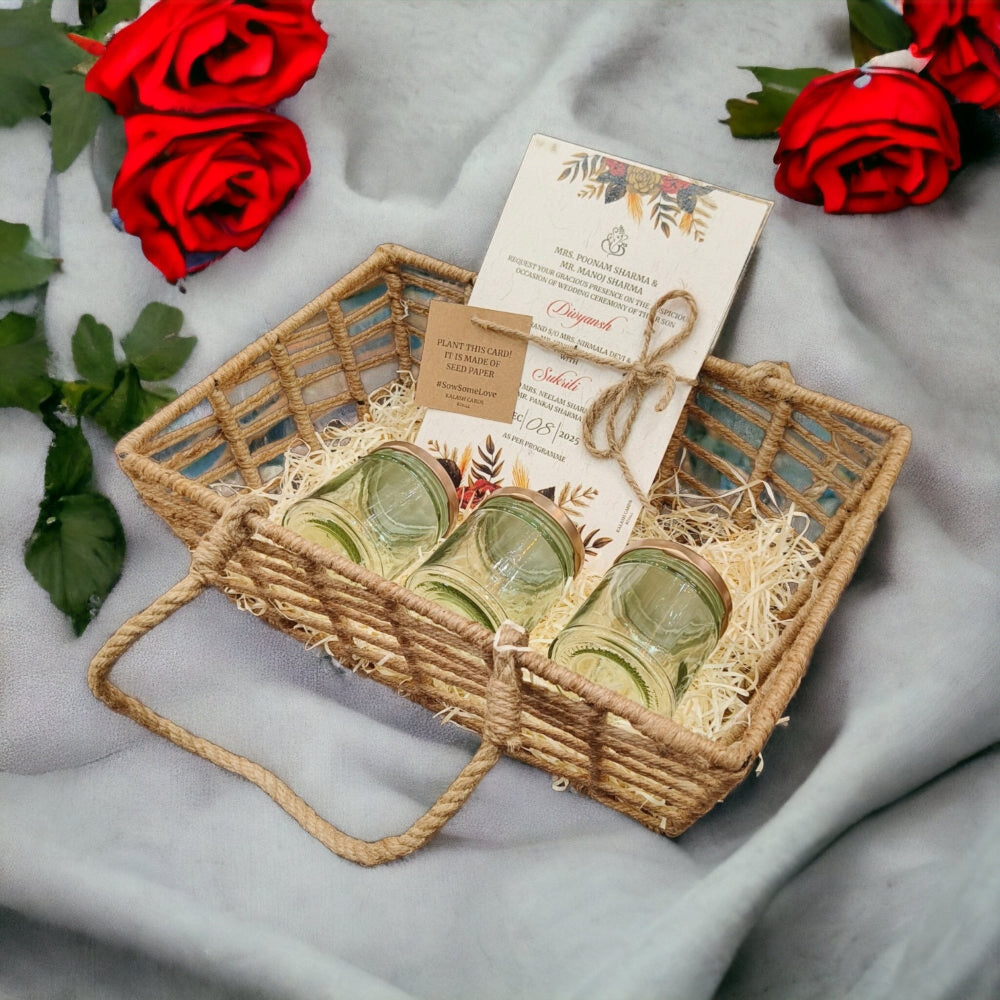 KL9103 Eco Friendly Jute Wedding Gift Basket with 2 Seed Paper Cards & Tag (3 Jars) - Kalash Cards