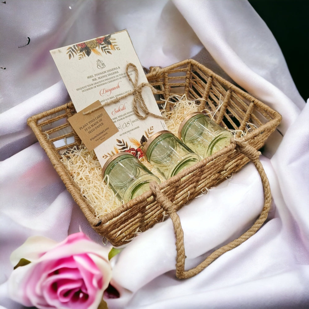 KL9103 Eco Friendly Jute Wedding Gift Basket with 2 Seed Paper Cards & Tag (3 Jars) - Kalash Cards