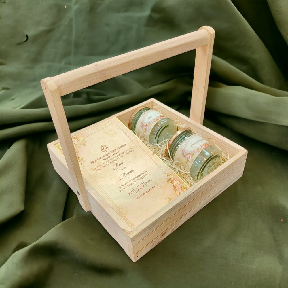 KL9104 Wooden Wedding Gift Basket with 2 Thick Board Card Inserts (2 Jars) - Kalash Cards