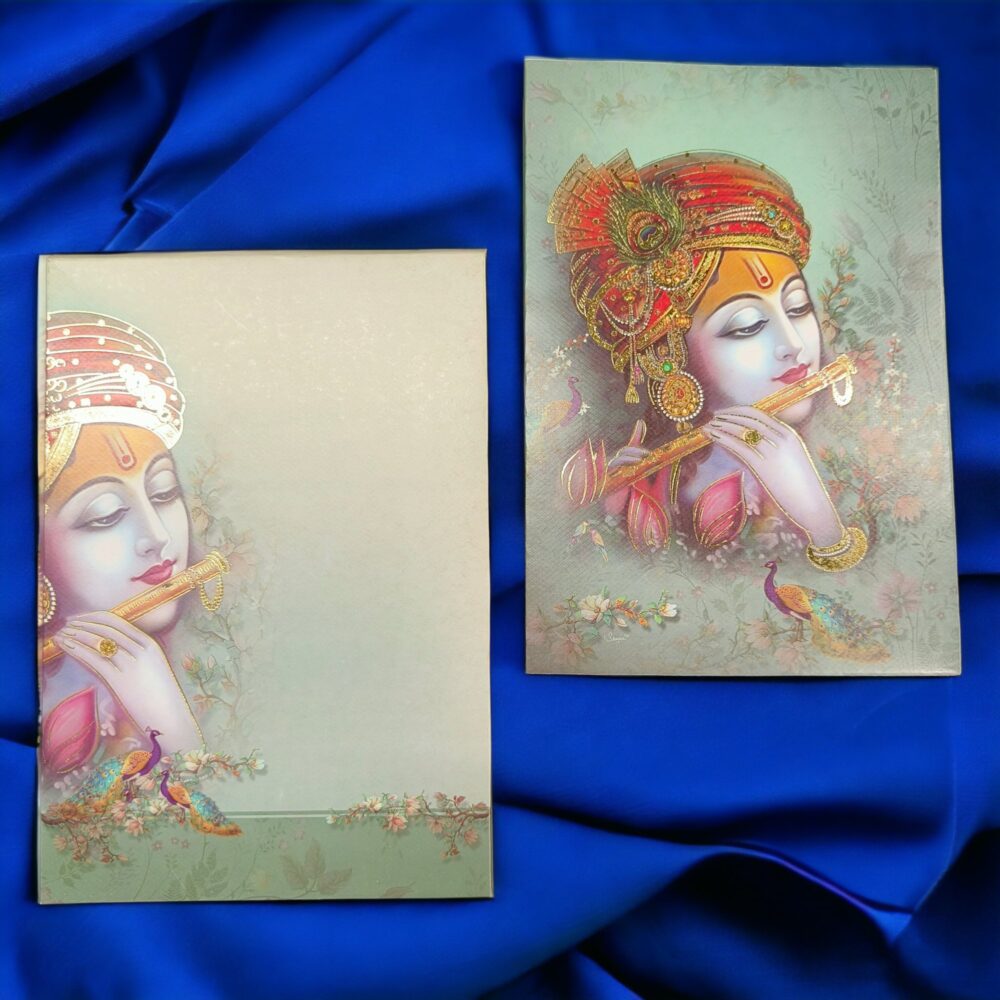 KLB536 Krishna Design Semi Box Paper Wedding Card - Kalash Cards
