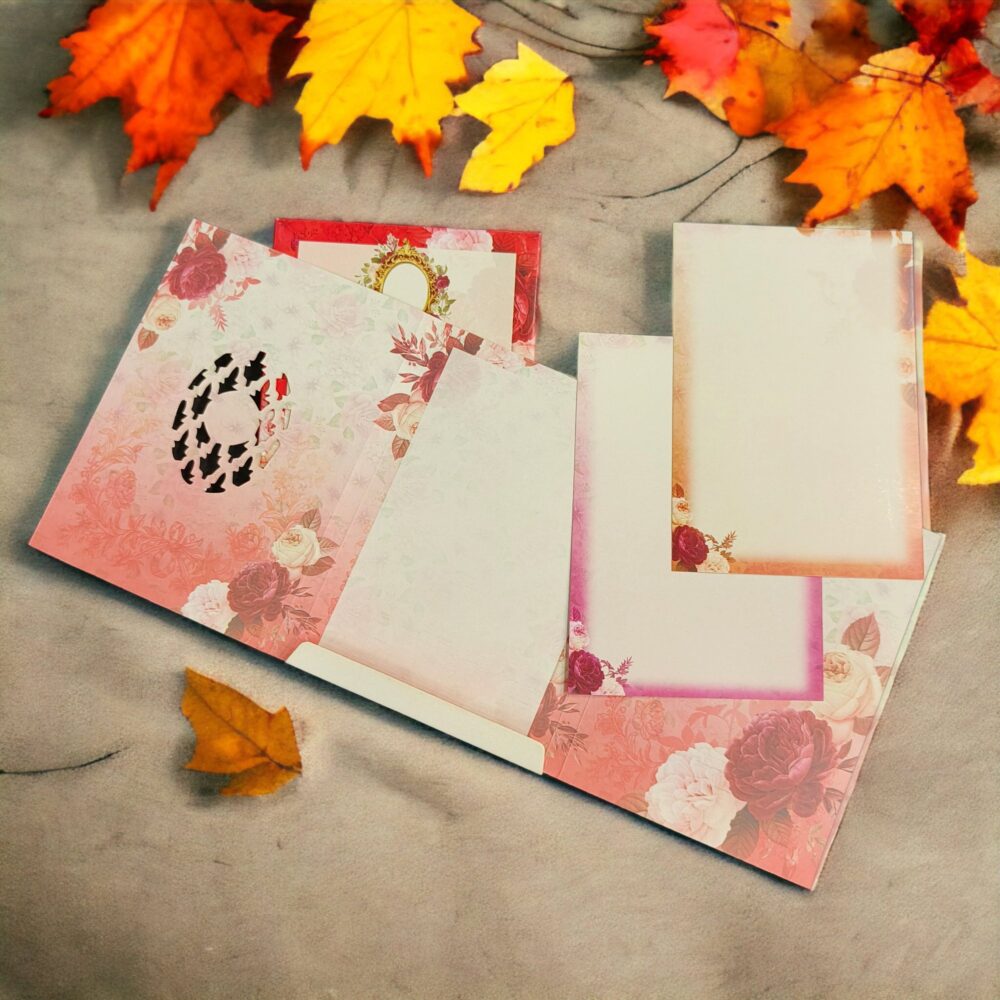 KLB549 Floral Design Semi Box Three Fold Paper Wedding Card - Kalash Cards
