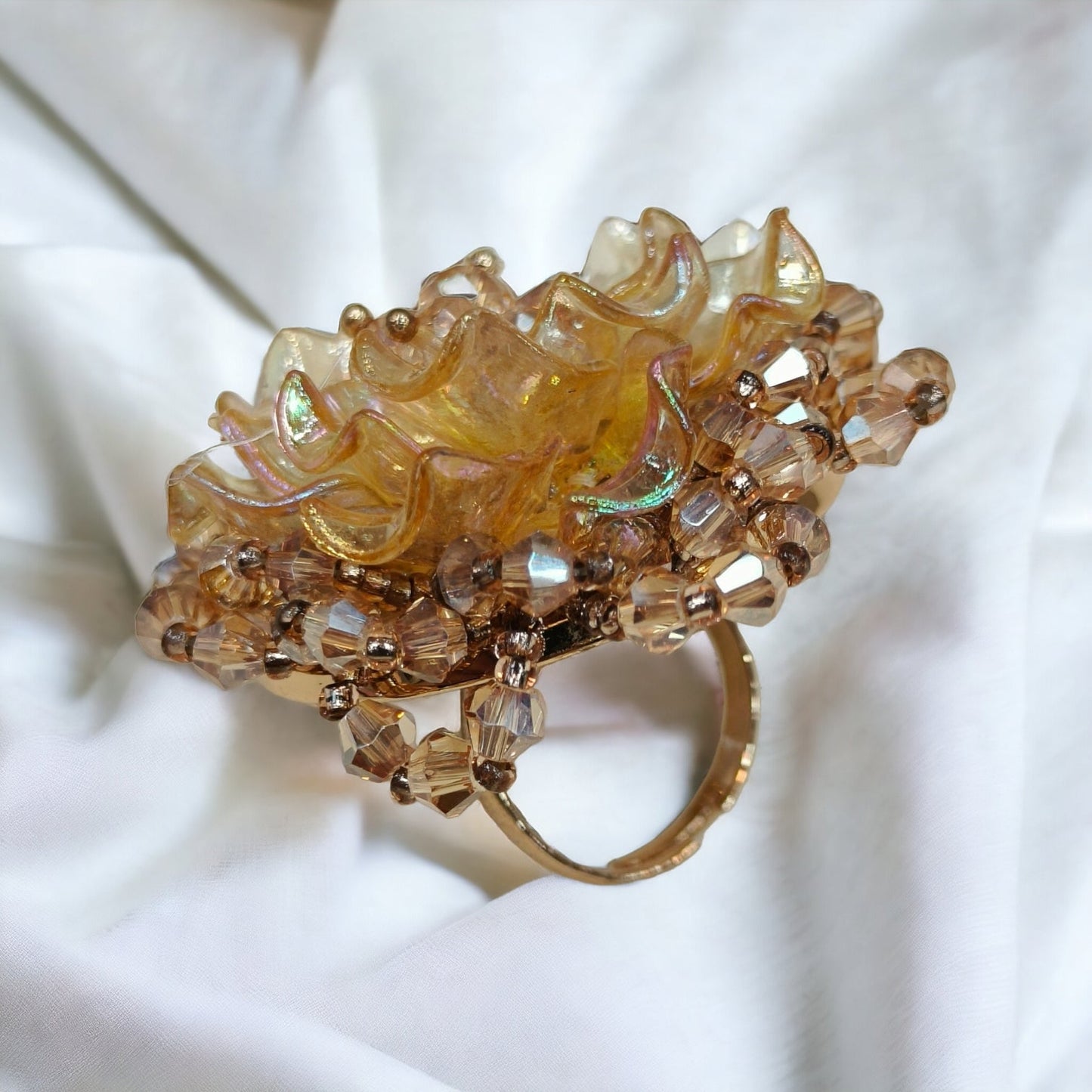 Golden Korean Flower Design 3D Crystal Free Size Ring-Kalash Cards