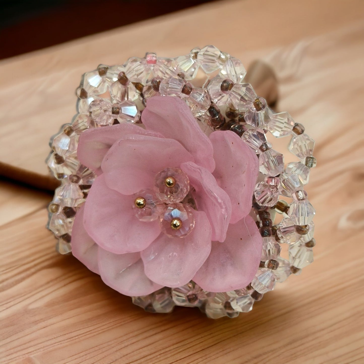 Pink Colour Korean Flower Design 3D Crystal Ring Free Size-Kalash Cards