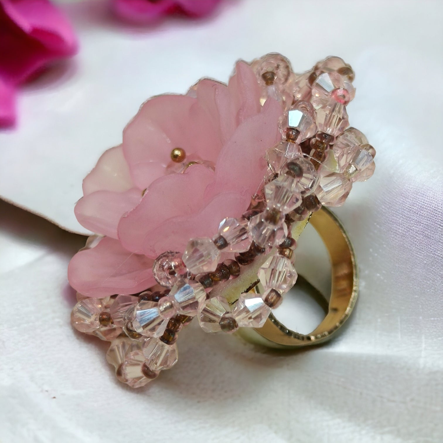 Pink Korean Flower Design 3D Crystal Free Size Ring-Kalash Cards