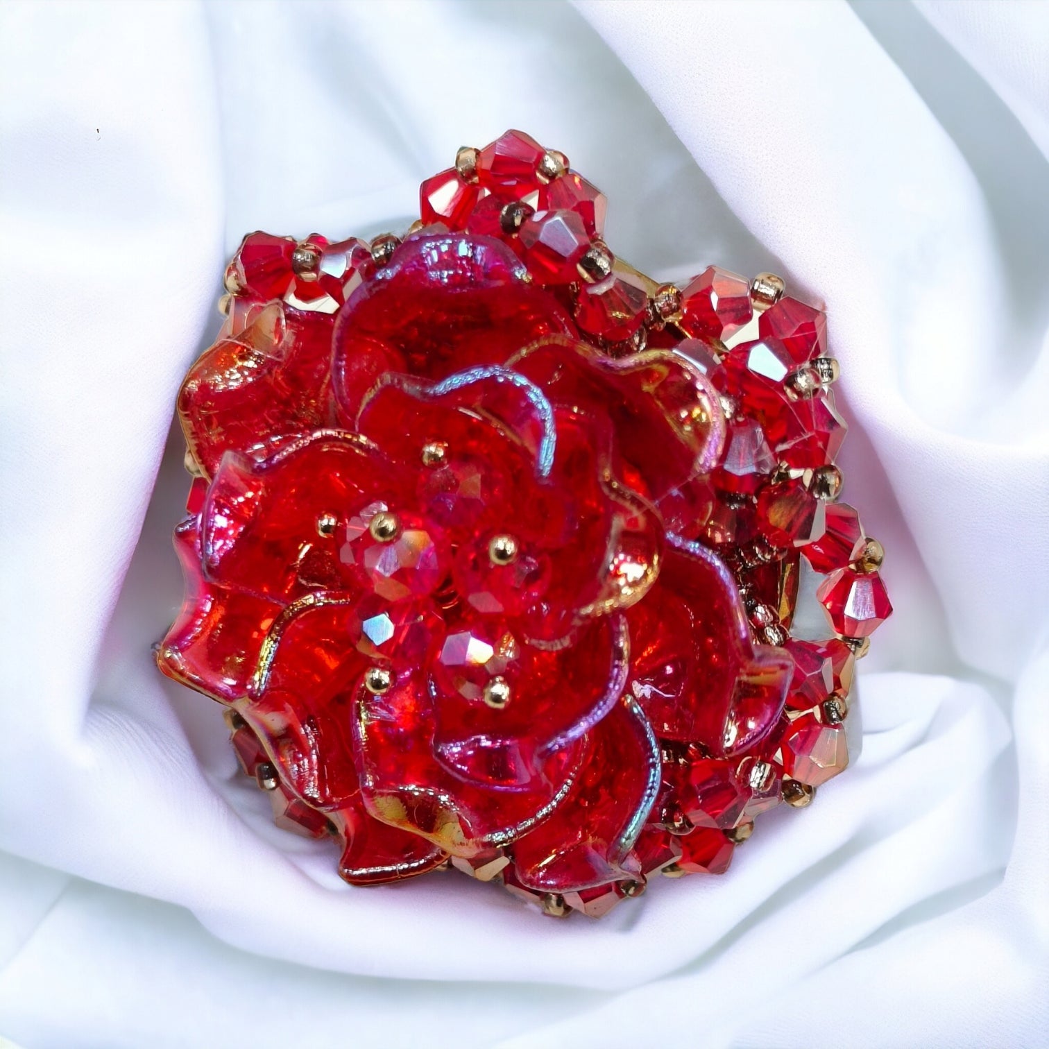 Red Korean Flower Design 3D Crystal Free Size Ring-Kalash Cards