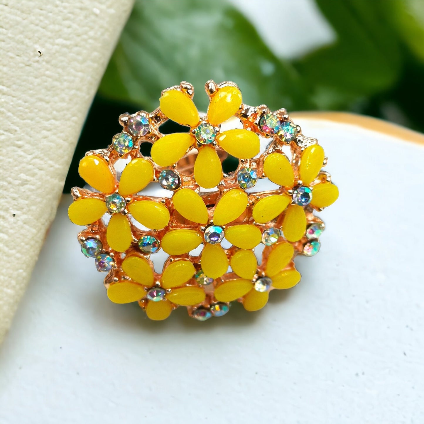 Sparking Yellow Kundan & Crystal Free Size Ring-Kalash Cards