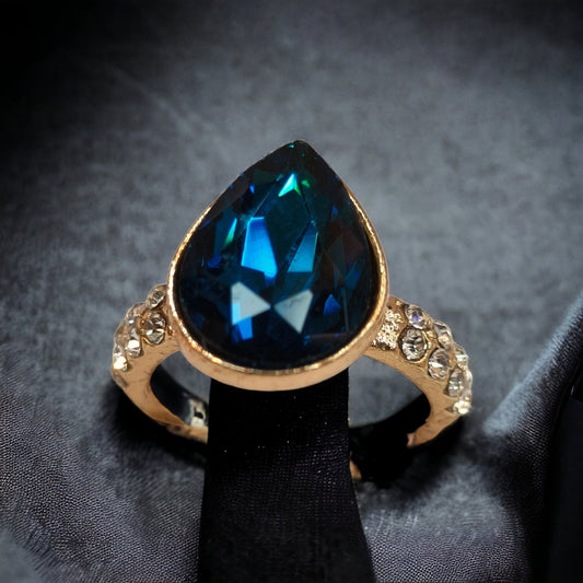Blue Rhinestone Crystal Imitation Gold Ring-Kalash Cards
