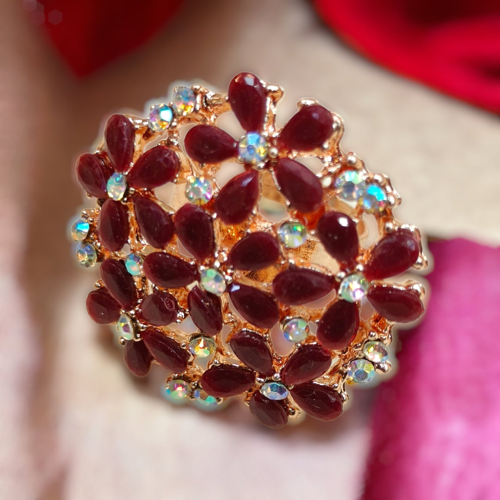 Flower Design Emerald Red Adjustable Crystal Ring Colour – Kalash