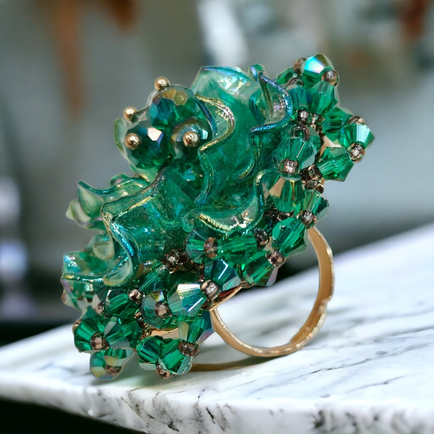 Green Korean Flower Design 3D Crystal Free Size Ring-Kalash Cards