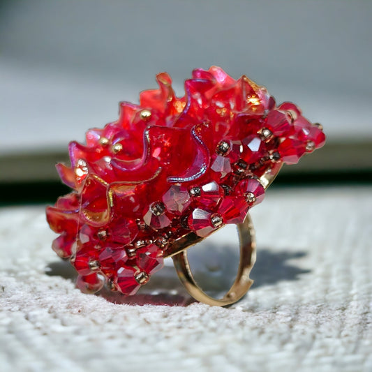 Red Korean Flower Design 3D Crystal Free Size Ring-Kalash Cards