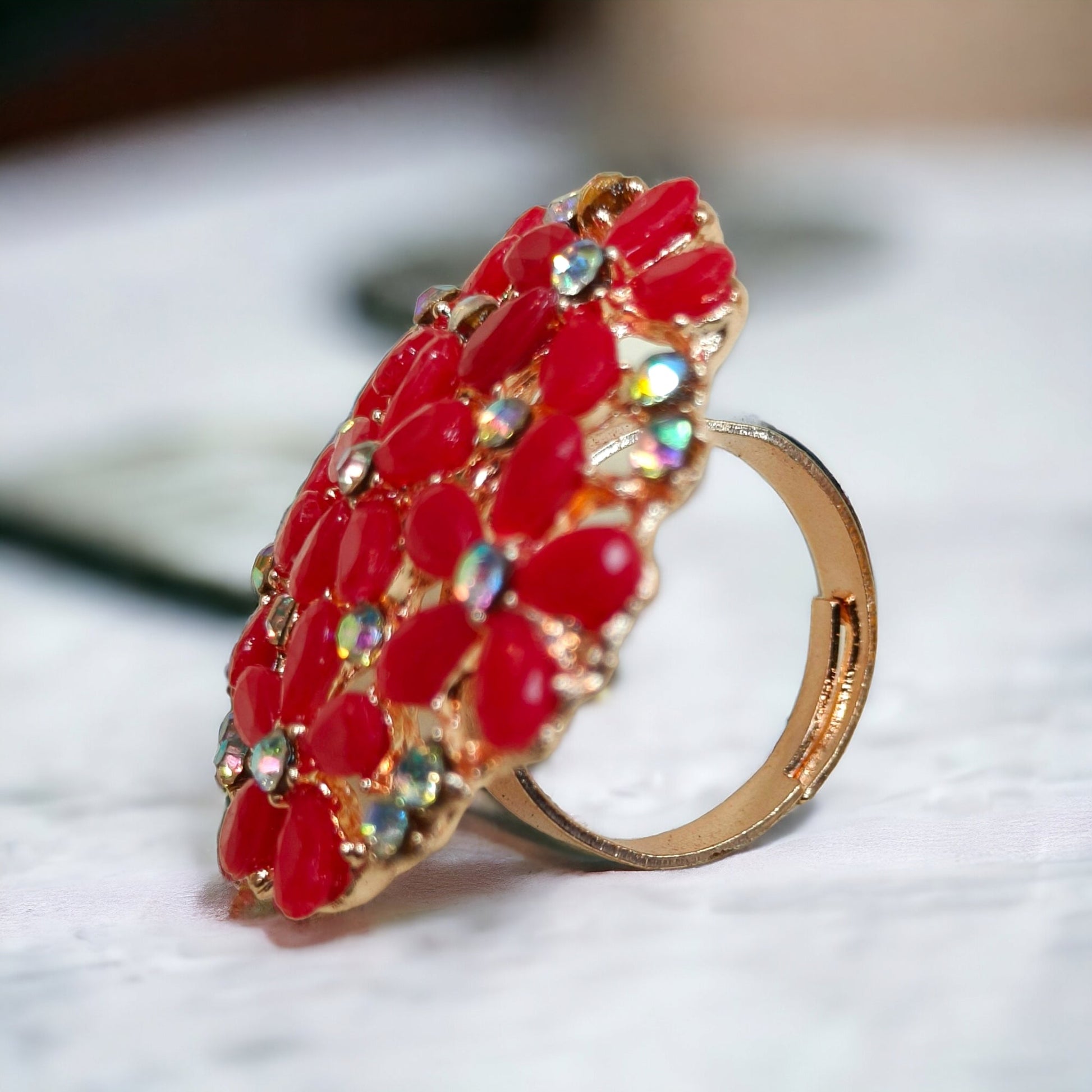 Graceful Red Kundan & Crystal Free Size Ring-Kalash Cards