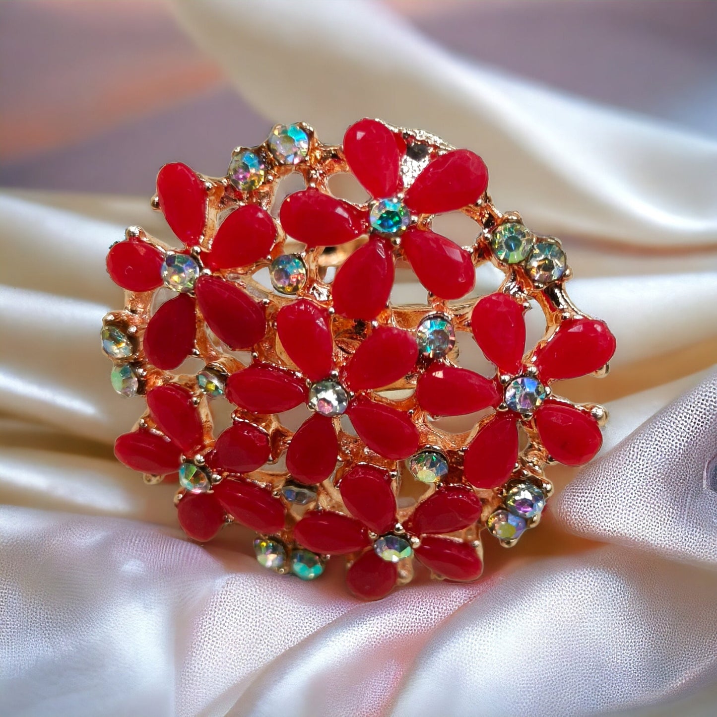 Graceful Red Kundan & Crystal Free Size Ring-Kalash Cards